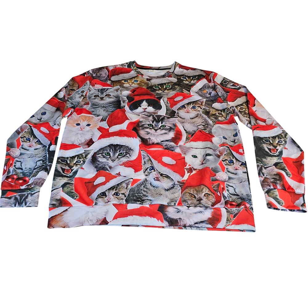 Santa Cat Christmas Sweatshirt XXL Long Sleeve Fun Holiday Top Unisex Polyester